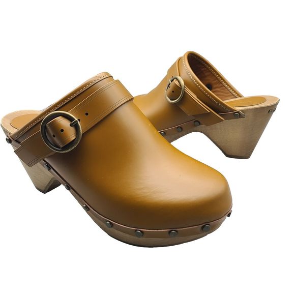 Isabel Marant Titya Clogs Mid-Heel Studded Camel Leather stud wood Sz  6 36 new - Picture 1 of 10